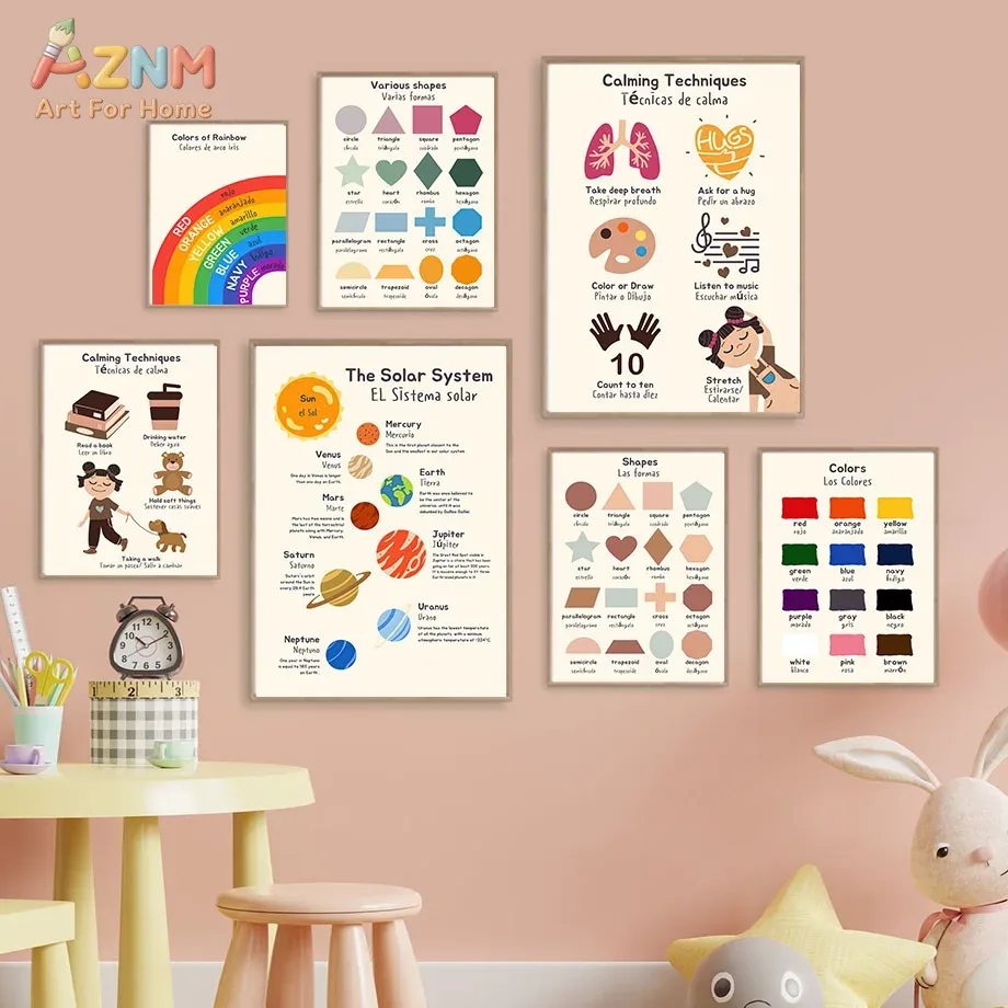 Kids Education Charts - AZNM Dwujęzyczny Hiszpański Angielski Dziecięcy Obraz